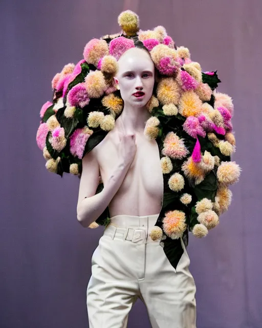 Prompt: olivia wearing an outfit made from flowers, catwalking at new york fashion week, attractive sporty physique, black hair, freckles, pale skin, photo by greg rutkowski, stage lighting, soft colors, female beauty, intricate detail, elegance, 3 5 mm, depth of field, masterpiece