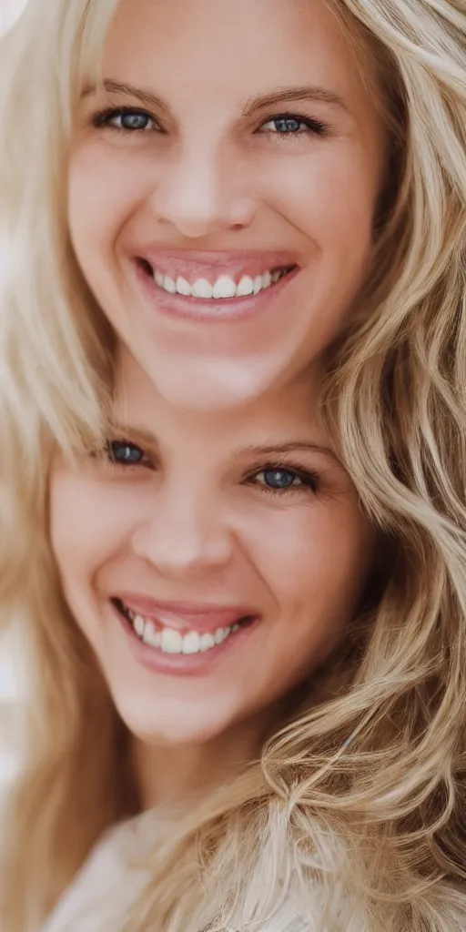 Image similar to blonde white woman smiling, portrait, hd, realistic