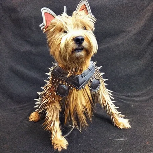 Image similar to “ iron bark, the superhero west highland terrier, clad in iron spiky armor ”