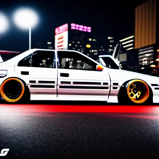 Image similar to a car JZX90 twin turbo drift at illegal car meet, Shibuya prefecture, city midnight mist lights, cinematic lighting, photorealistic, highly detailed wheels, high detail