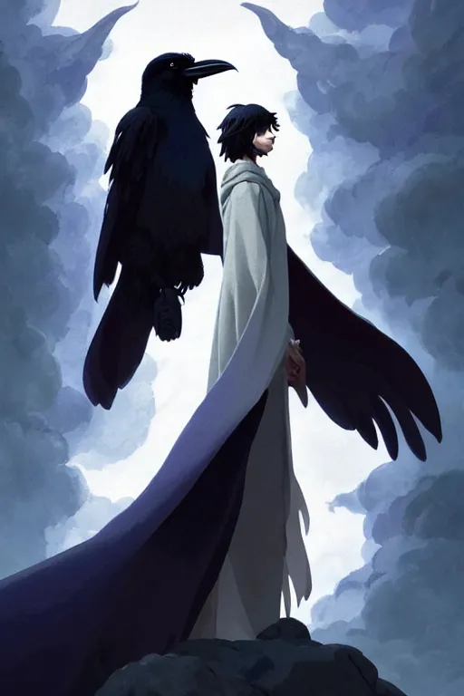 Image similar to raven headed warlock doing magic spells wind, white robes, finely detailed perfect face, exquisite details, mid view, design on a white background, by studio muti, greg rutkowski makoto shinkai takashi takeuchi studio ghibli