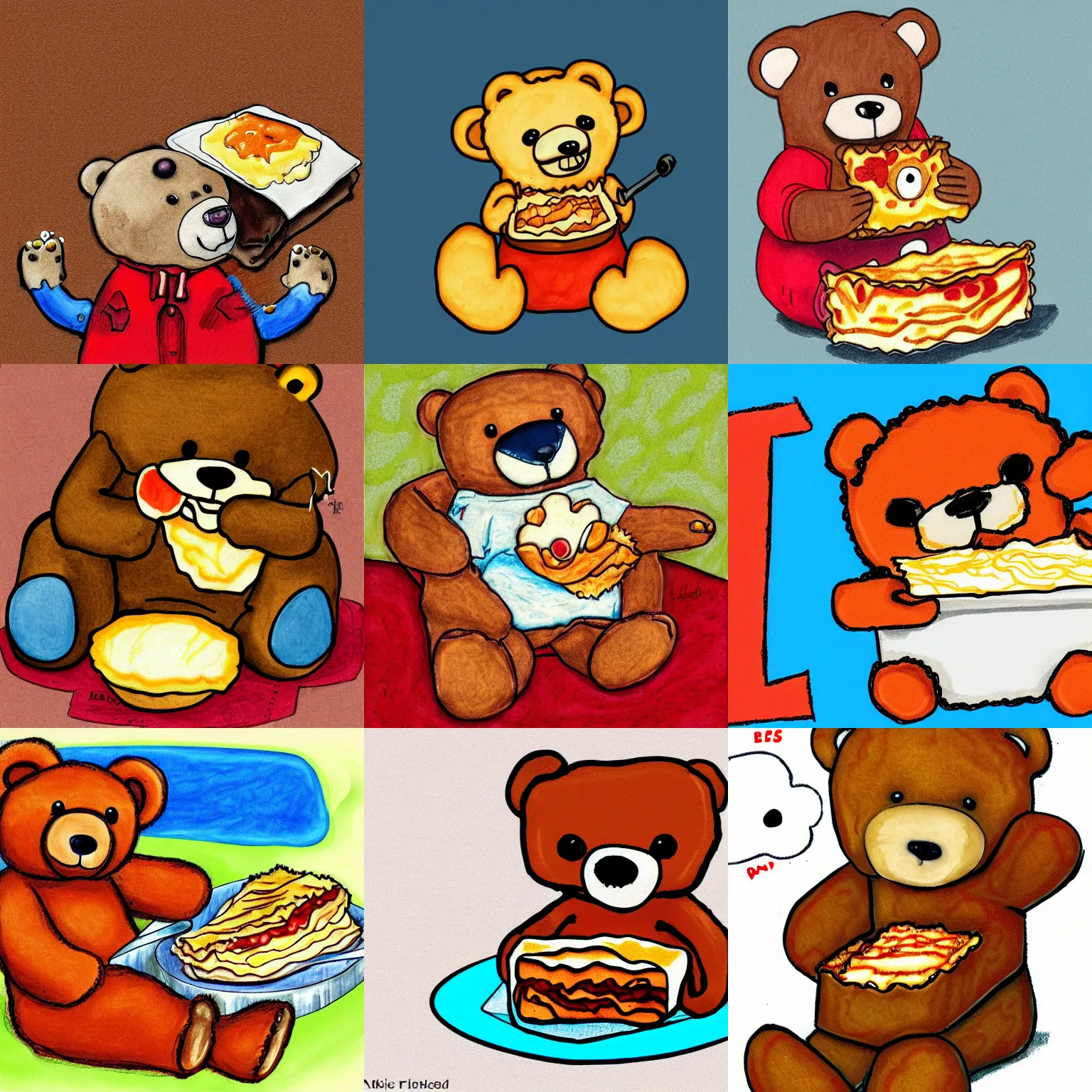 Prompt: a teddy bear eating lasagna, digital art, illustration from children's book, ink and crayon, artstation