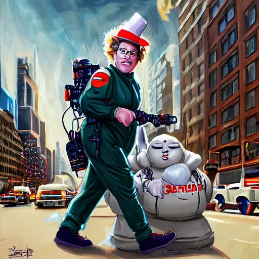 Image similar to the ghostbusters stay puff marshmallow man wearing timberland shoes and hat while smoking a joint and walking in new york city, highly detailed portrait, digital painting, artstation, artstation hq