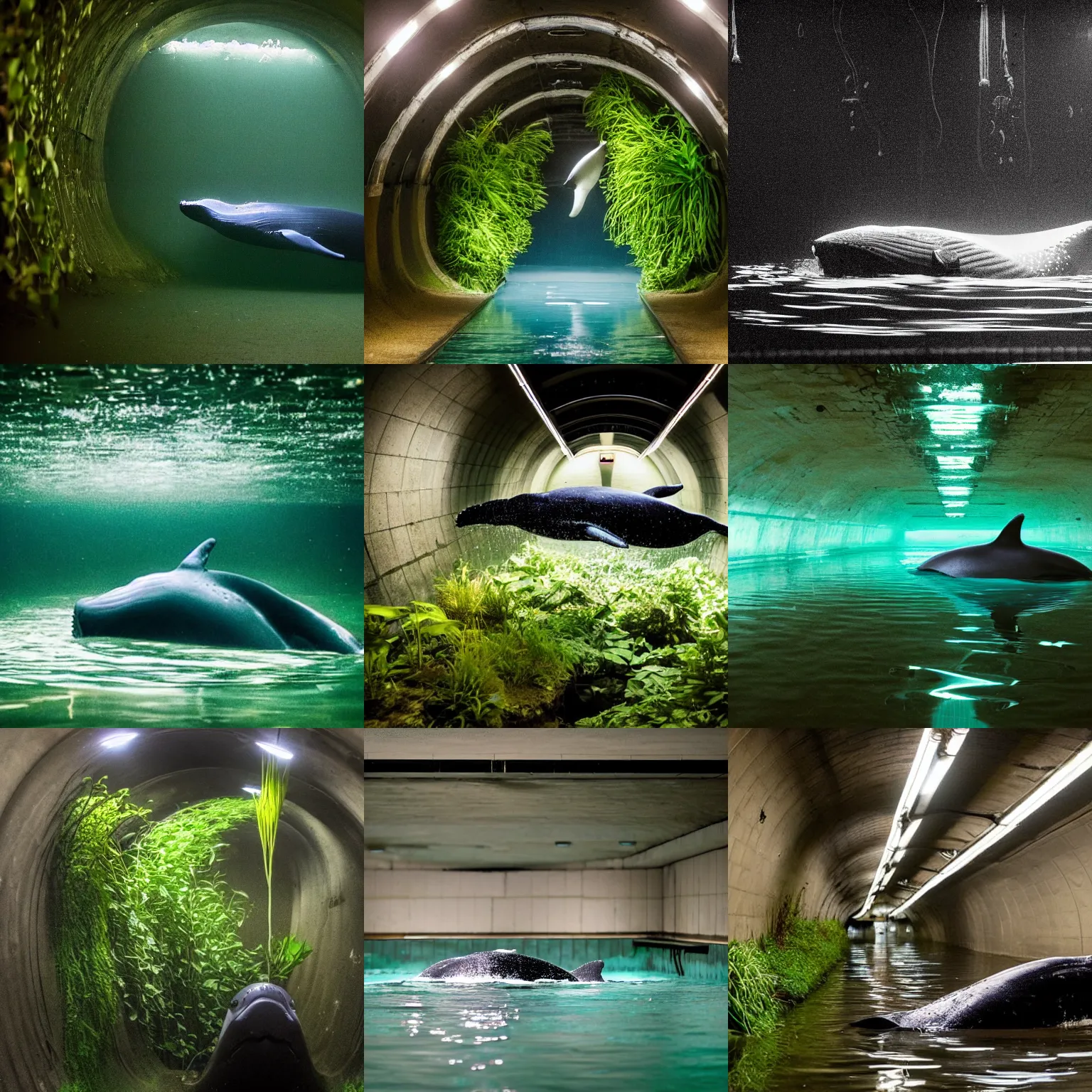 Prompt: a whale swimming alone, in an empty dark flooded london underground tunnel, overgrown with aquatic plants