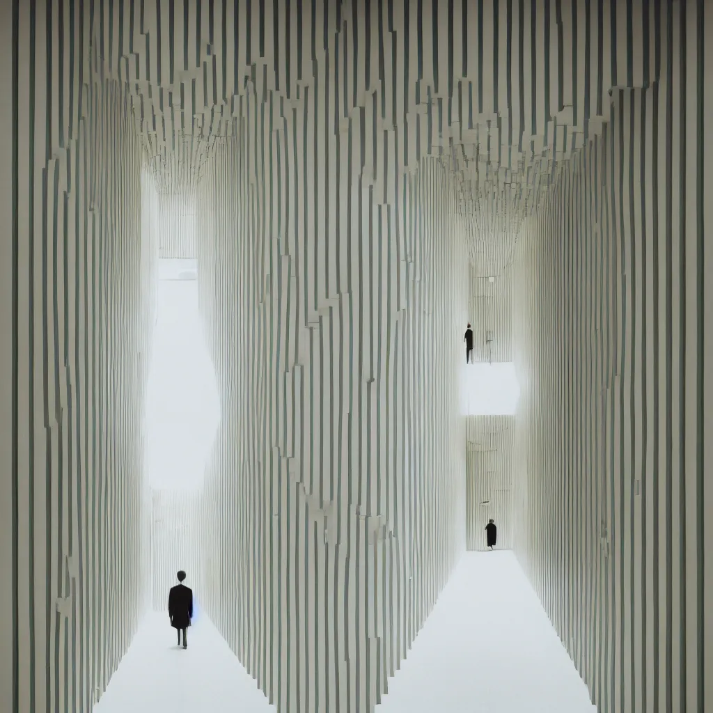 Image similar to photograph of a hallway in the style of Wes Anderson, Tadao Ando, architecture magazine, dezeen, 50mm, pentax, film