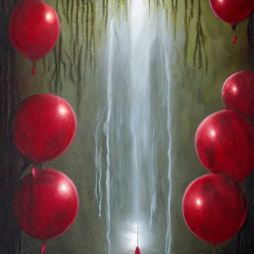 Image similar to grunge painting of a waterfall with a red balloon by chris leib, creepy lighting, horror theme, detailed, elegant, intricate, conceptual, volumetric light