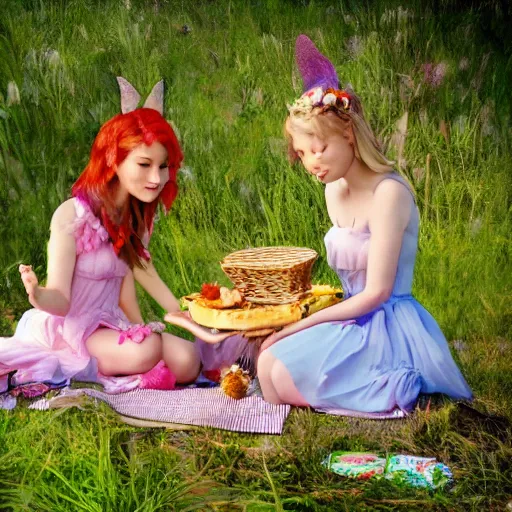 Image similar to fairies having a picnic in a heavenly meadow