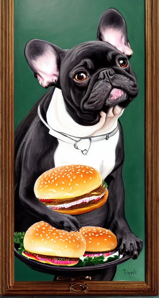 Image similar to painting of black french bulldog, portrait, tray of hamburgers, bright colors, highly detailed, rococo style painting