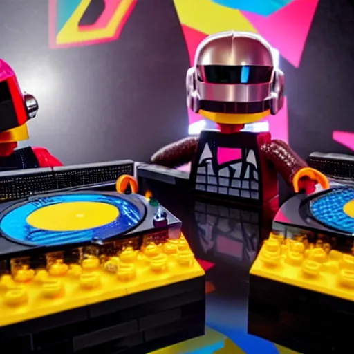 Image similar to Lego Daft Punk DJing with realistic DJ turntables