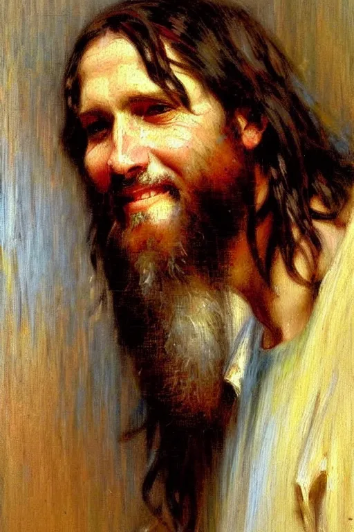 Image similar to impressionist brushstrokes!!!!!!!!! solomon joseph solomon and richard schmid and jeremy lipking victorian loose genre loose painting full length portrait painting of jesus with a slight smile happy inviting