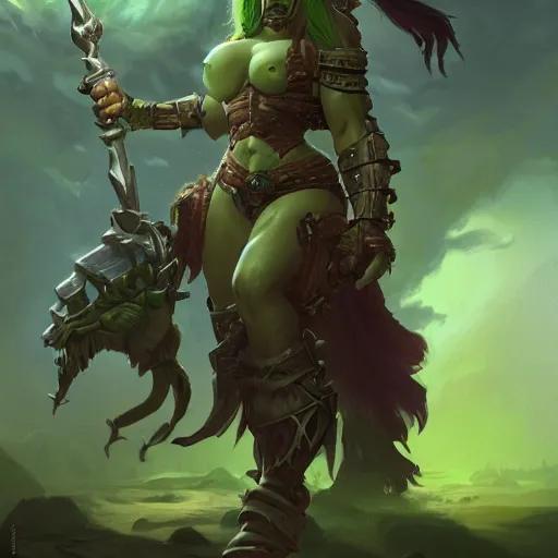 Image similar to a full character portrait of a toned physique green orc woman with a ponytail in full plate armor, world of warcraft, by greg rutkowski, wlop, astri lohne, wei wang, trending on artstation