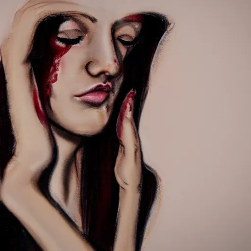 Prompt: faceless girl bleeding into a mirror, photorealistic, hyperdetailed,