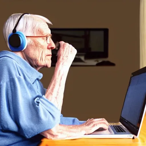 Prompt: A colored colorized real screenshot of Jerma985 as an elderly guy streaming on his computer while wearing headphones, taken in the early 2020s, taken on a 2010s Camera, realistic, hyperrealistic, very realistic, very very realistic, highly detailed, very detailed, extremely detailed, detailed, digital art, trending on artstation, headshot and bodyshot, detailed face, very detailed face, very detailed face, real, real world, in real life, realism, HD Quality, 8k resolution, intricate details, colorized photograph, colorized photon, body and headshot, body and head in view
