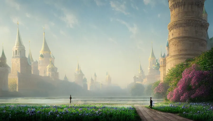 Image similar to vanishing point, palace like the kremlin in distance on a lake is covered with aqua blue roses, viewed from afar, stephen bliss, misty, unreal engine, fantasy art by greg rutkowski, loish, ferdinand knab, and lois van rossdraws,, global illumination, radiant light, minimalist, detailed and intricate environment