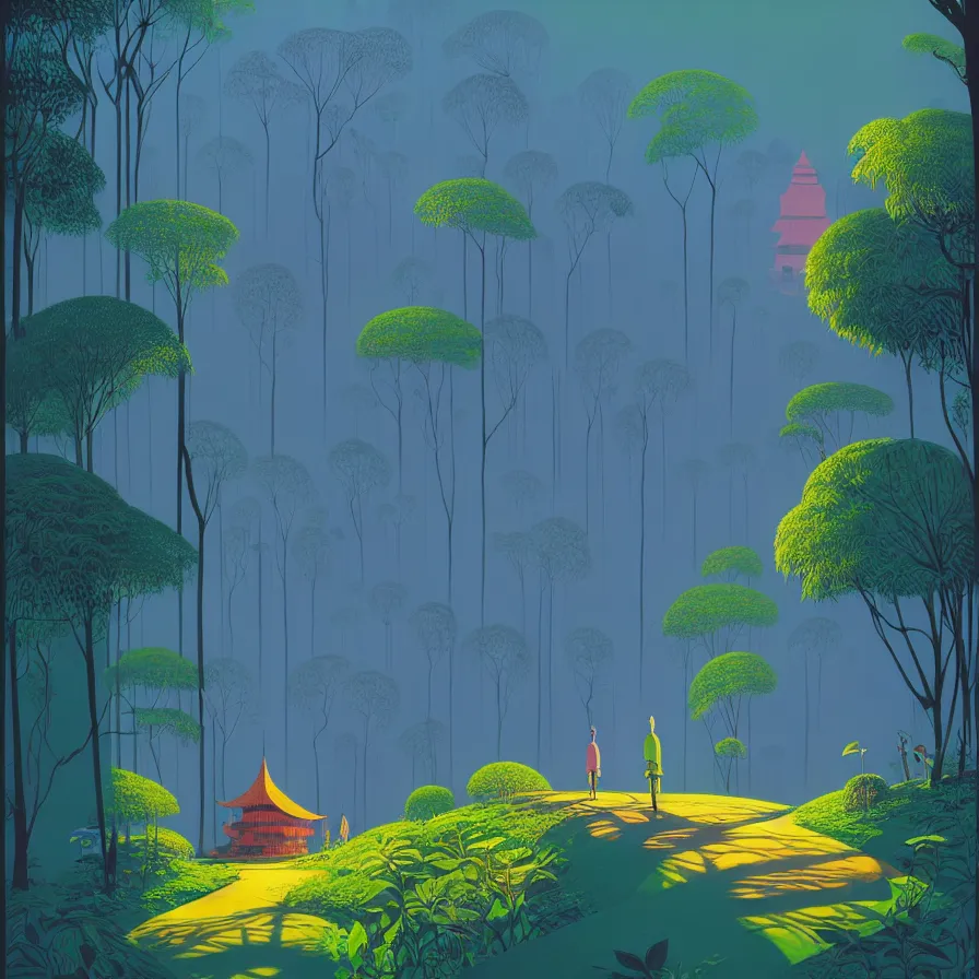 Image similar to ( ( ( ( ( gediminas pranckevicius ) ) ) ) ), wat bukit perak jungle, summer morning, very coherent and colorful high contrast art by james gilleard floralpunk screen printing woodblock, dark shadows, pastel color, hard lighting