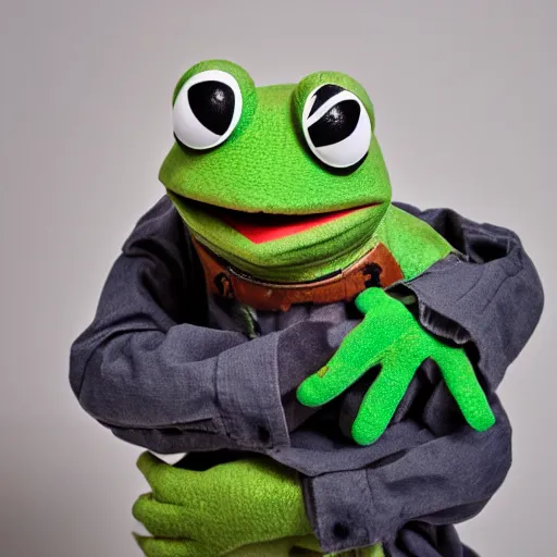 Image similar to pepe the frog as a muppet, product photography, commercial lighting