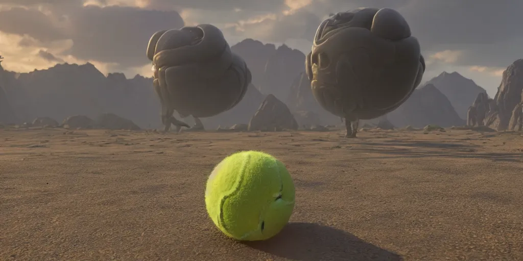 Image similar to a photo of 8 k ultra realistic tennis ball monster, tennis ball monsters, alien exotic, cinematic lighting, trending on artstation, 4 k, hyperrealistic, focused, high details, unreal engine 5, cinematic, alien planet atmosphere in background, 3 d render by beeple