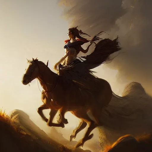 Prompt: warrior queen riding steed, ridge, sweeping views, by greg rutkowski, by asher brown durand, artstation