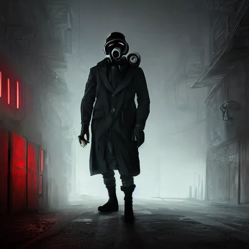 Image similar to hooden villain wearing a gas mask with red goggles, smoke coming out of his body and coat, dark background, in a dark alley, unreal engine 5, ultra realistic, detailed, fog, volumetric lighting, by greg rutkowski,