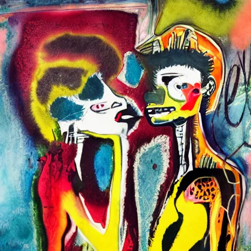 Image similar to watercolor painting of two bizarre psychedelic goth women kissing each other closeup in a cafe in japan, speculative evolution, mixed media collage by basquiat and jackson pollock, maximalist magazine collage art, sapphic art, lesbian art, chemically damaged