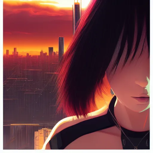 Image similar to a close up of a person with a city in the background, cyberpunk art by Ilya Kuvshinov, cgsociety, photorealism, ilya kuvshinov, cityscape, digital painting