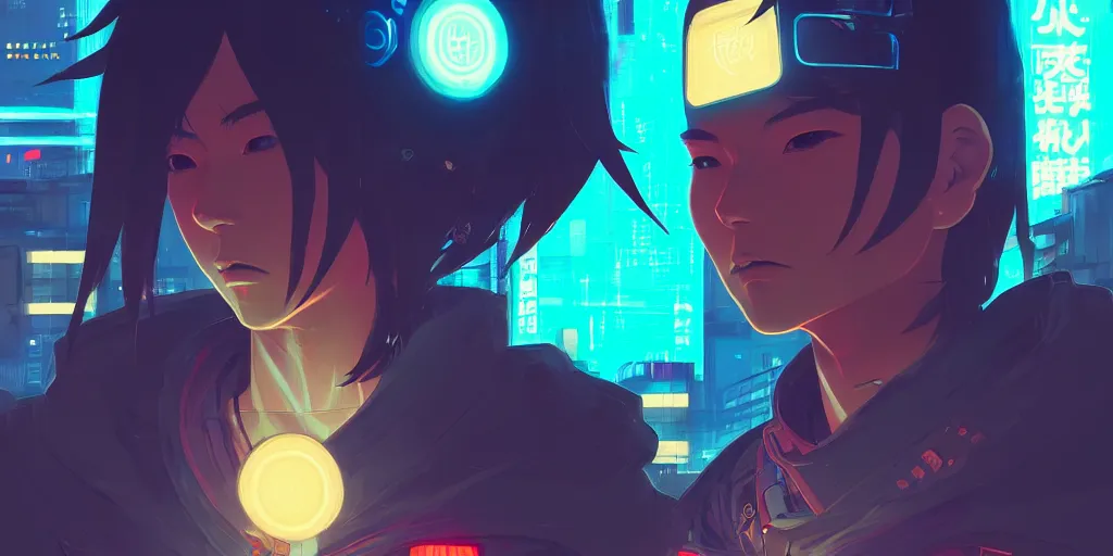 Image similar to digital illustration closeup portrait of cyberpunk samurai in city street at night by makoto shinkai, ilya kuvshinov, lois van baarle, rossdraws, basquiat | afrofuturism, in the style of hearthstone, trending on artstation | cool color scheme