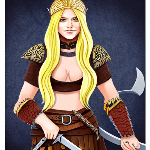 Image similar to « pretty, hot viking girl, with a sword, detailed, full body portrait »