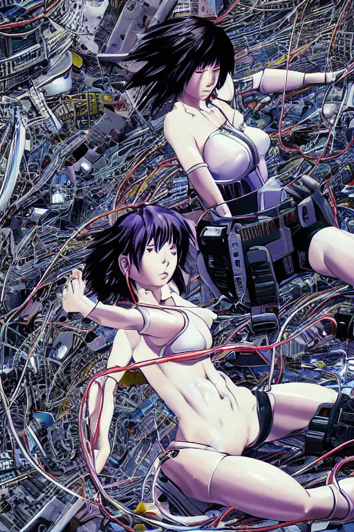 Image similar to coherent motoko kusanagi kneeling on a white in style of masamune shirow, empty floor, with a mess of wires and cables coming out of her head and backside, by Yukito Kishiro and katsuhiro otomo, illustration, cyberpunk, hyper-detailed, colorful, complex, intricate, masterpiece, epic