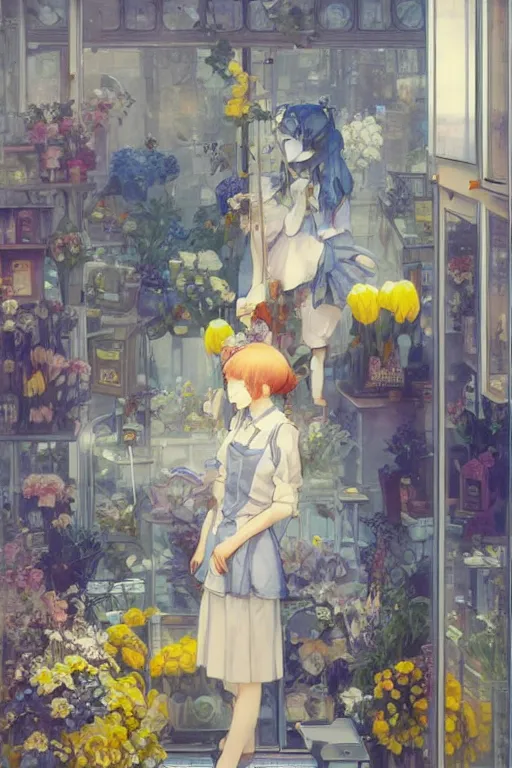 Image similar to a girl working in a flower shop in the afternoon, it is raining outside the window,blue and grey theme,JK uniform ,blue theme with eye-catching yellow accents ,S line, by krenz cushart and mucha and range murata and greg rutkowski