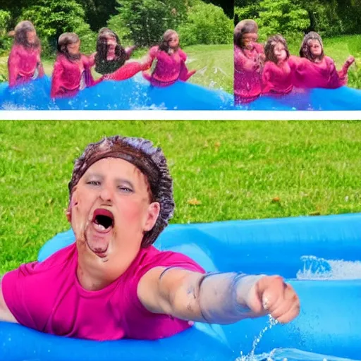 Image similar to person sliding through chocolate pudding head first, slip n slide, professional photo, funny