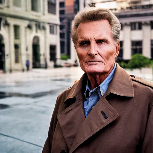 Image similar to robert stack wearing a trench coat unsolved mysteries solving the mystery of the missing jelly sandwich 2 0 0 1, ( sony a 7 r iv, symmetric balance, polarizing filter, photolab, lightroom, 4 k, dolby vision, photography awardm, voque, perfect face )