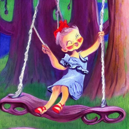 Prompt: fantasy painting of a little girl on a swing by dr seuss | horror themed | creepy