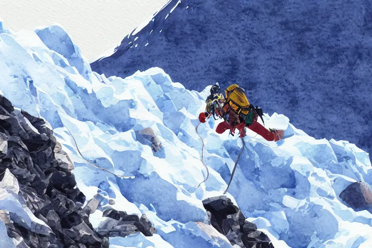 Image similar to diving from the top of mount everest. Film watercolor, artstation, highly detailed. Sharp, 8k