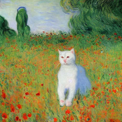 Prompt: manon, gregoire and a white cat with yellow eyes in a field of poppy, by monet