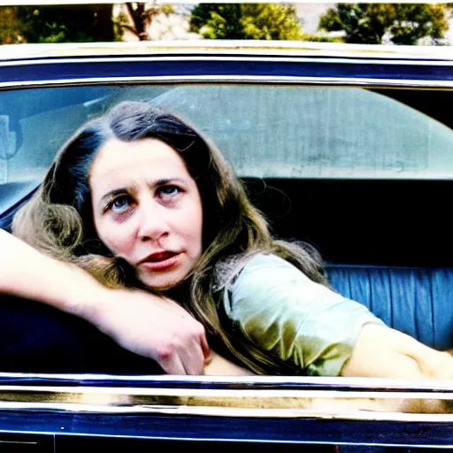 Prompt: a woman laying in the back seat of a car in 1 9 7 4 color