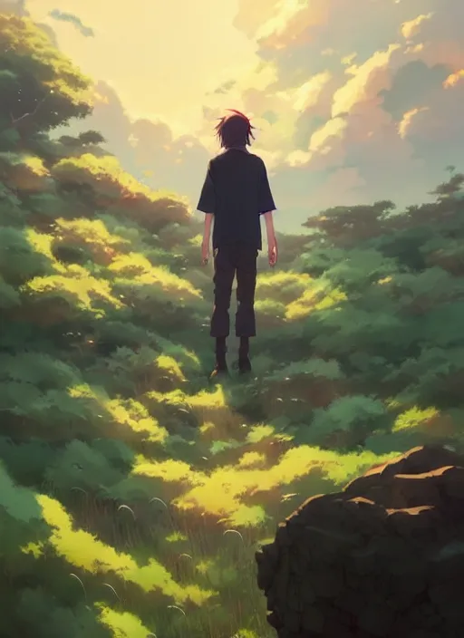 Image similar to portrait of nicolas cage, cloudy sky background lush landscape illustration concept art anime key visual trending pixiv fanbox by wlop and greg rutkowski and makoto shinkai and studio ghibli