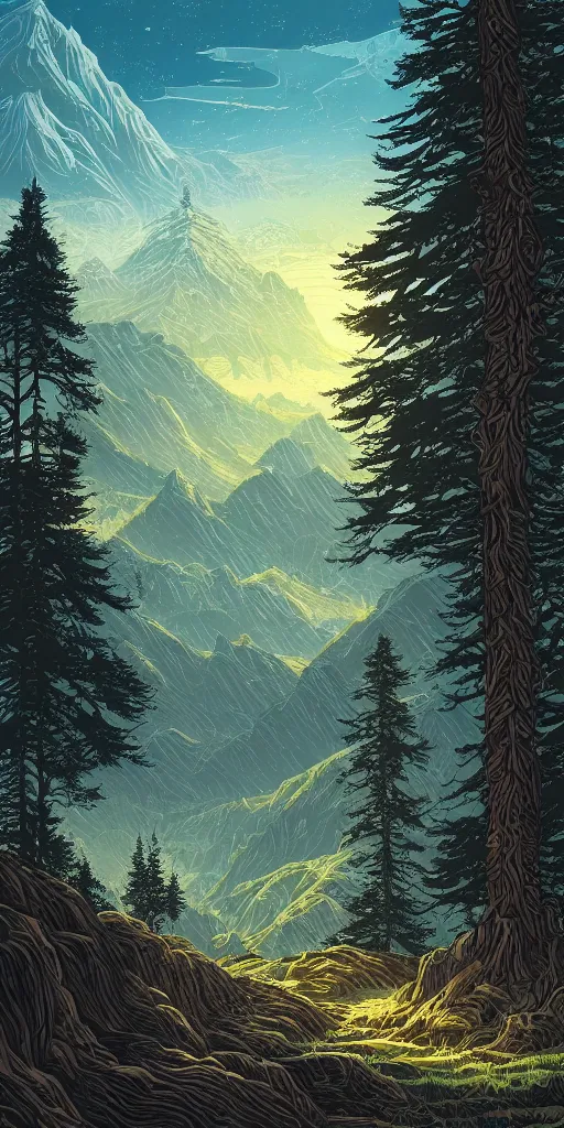 Image similar to a beautiful landscape with trees and mountains, by dan mumford, artstation, behance, highly detailed, concept art, dramatic lighting