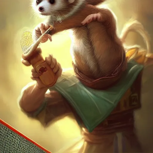 Prompt: cute little anthropomorphic ferret [ thing ], playing badminton, tiny, small, short, wizard robe, cute and adorable, pretty, beautiful, dnd character art portrait, matte fantasy painting, deviantart artstation, by jason felix by steve argyle by tyler jacobson by peter mohrbacher, cinema