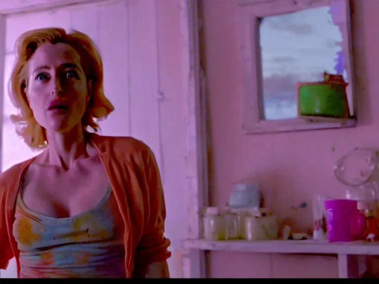 Image similar to a scene from a quirky, bright and cheerful post - apocalyptic movie, starring gillian anderson that fights the dread of the end of the world by decorating the scorched remains of the midwestern town she lives in with kitchy party decorations in shades of pink, orange and silver by director wes andersson and, blue - ray screenshot, filmed by roger deakins