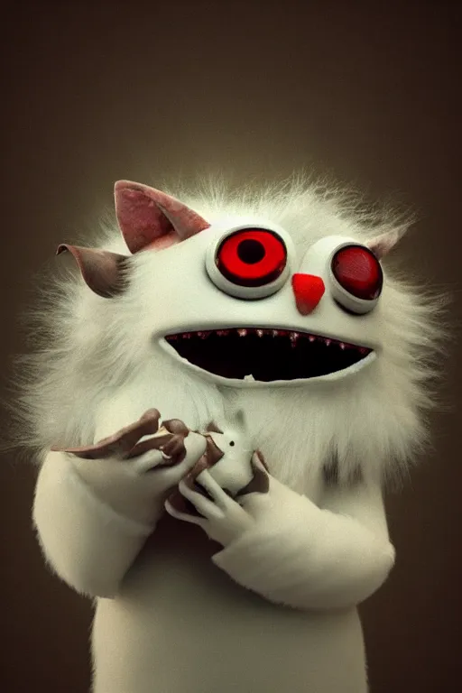 Prompt: 3 d model of adorable evil white fur monster with glowing eyes by alexander jansson : 1 | ray tracing, studio lighting, centered, dark matte background : 0. 9 | by jim henson : 0. 7 | dave melvin : 0. 4 | unreal engine, deviantart, artstation, octane, finalrender, concept art, hd, 8 k resolution : 0. 8