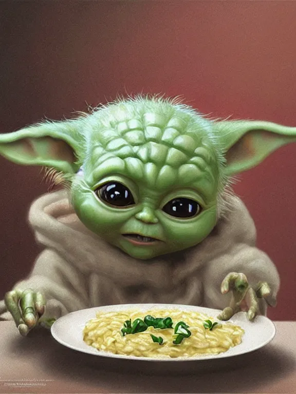 Prompt: A ultradetailed beautiful panting of baby yoda in front of a plate filled with a perfectly cooked risotto with melted parmesan, oil panting, high resolution 4K, by Ilya Kuvshinov, Greg Rutkowski and Makoto Shinkai