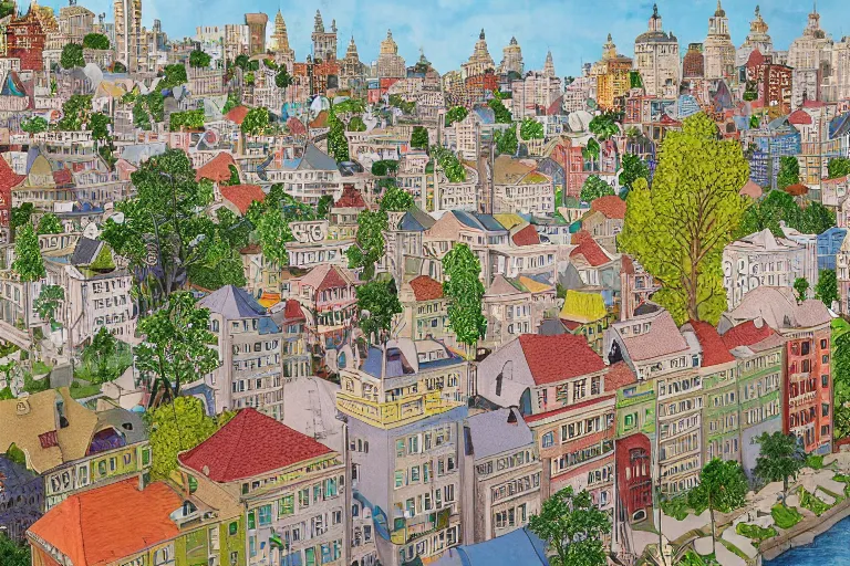 Image similar to an elaborate and dense painting of a peaceful neighborhood, detailed, made of alcohol ink on parchment and penned illustrations, by wes anderson and geoff darrow