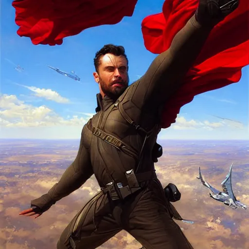 Image similar to a man flying through the sky. photorealistic. realism. 4 k wideshot. cinematic. unreal engine. masterpiece. rule of thirds. beautiful. artgerm. marc simonetti. jc leyendecker