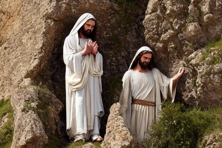 Prompt: a unique close - up photo of jesus and mary magdalene standing on a cliff looking over a beautiful landscape in france, rennes - le - chateau, award winning photo, very detailed, very realistic cinematic
