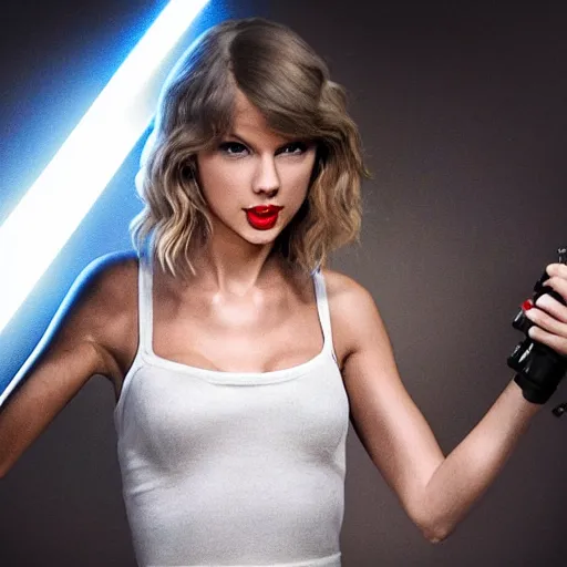 Image similar to Taylor Swift holding a lightsaber, dramatic, detailed, accurate, close shot