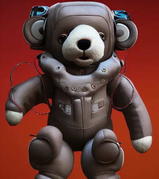 Image similar to portrait of a plush teddy bear, with cool cyberpunk dressing and implants, by greg rutkowski, wlop, beeple, dan mumford. octane render, trending on artstation, greg rutkowski very coherent symmetrical artwork. cinematic, hyper realism, highly detailed, octane render, 8 k, iridescent accents