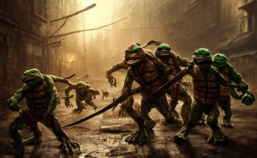 Image similar to photo zombi ninja turtles, hyper realistic, natural light, concept art, by greg rutkowski, cozy atmospheric and cinematic lighting