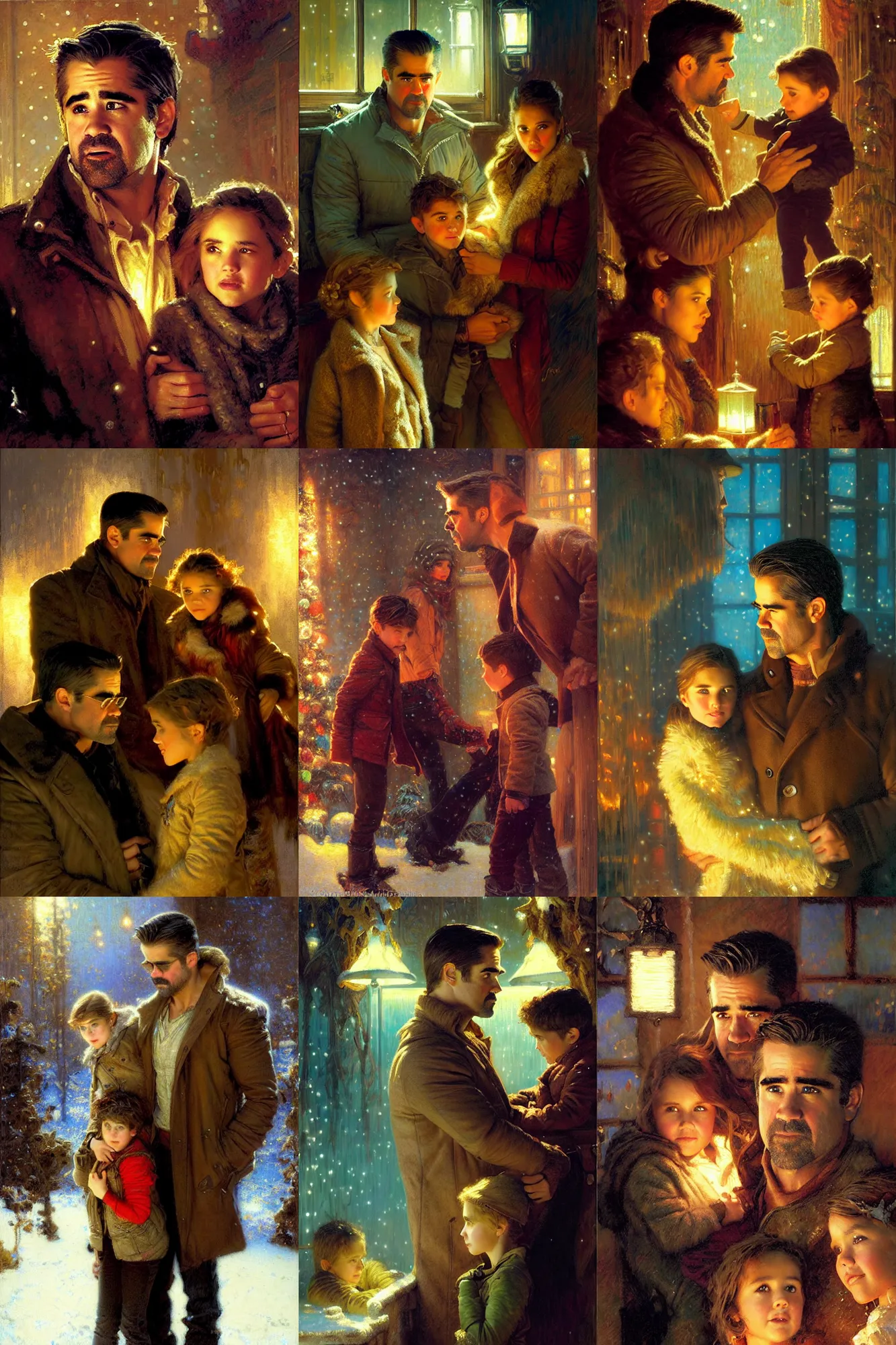 Prompt: winter, family, colin farrell with jessica alba, with a kid, neon light, detailed faces, painting by gaston bussiere, craig mullins, j. c. leyendecker