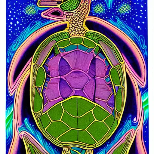 Image similar to turtle sparrow crystal apotheosis, in the style of alex grey and maxfield parish,