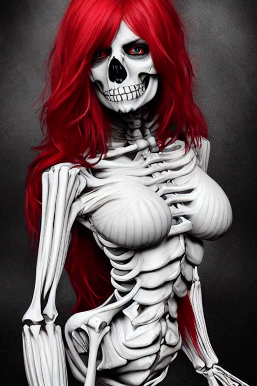 Prompt: skeleton black bones!!, covered with blood, jessica nigri face!!, long red hair, ultra realistic, concept art, intricate details, highly detailed, photorealistic, octane render, 8 k, unreal engine. retro film still, heavy grain, 3 5 mm, art by artgerm and greg rutkowski and alphonse mucha